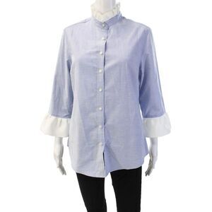 Pearly Vine Women Light Blue Mock Neck Button Up Blouse 3/4 Sleeve Size M